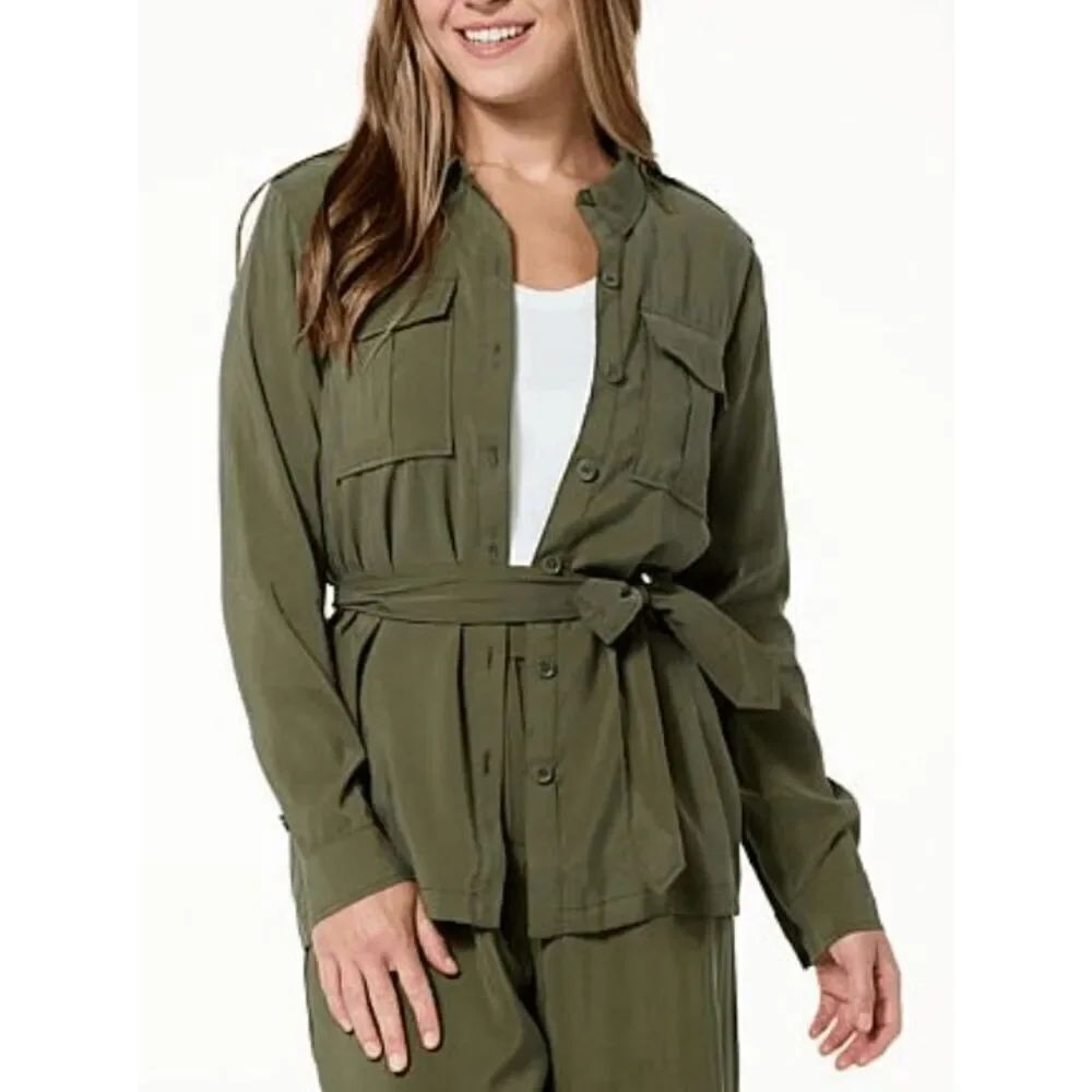 Jessica Simpson Women's Jessa Tie-Front Satin Olive Shacket L